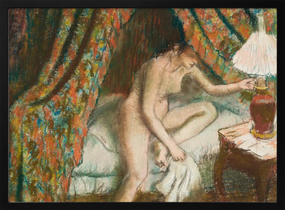 An Impressionist pastel painting of a nude woman sitting on the edge of a bed. She is reaching to turn on a bedside lamp. The background features a heavily patterned, colorful curtain, and the entire scene is rendered with soft, textured strokes and framed in silver. Poster