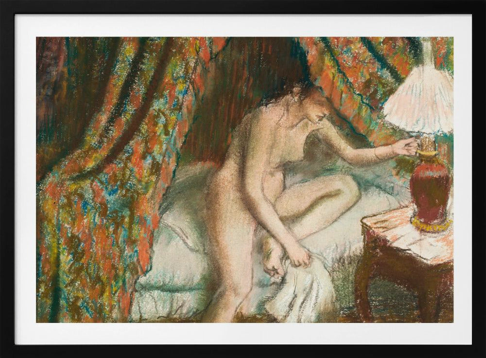 An Impressionist pastel painting of a nude woman sitting on the edge of a bed. She is reaching to turn on a bedside lamp. The background features a heavily patterned, colorful curtain, and the entire scene is rendered with soft, textured strokes and framed in silver. Poster