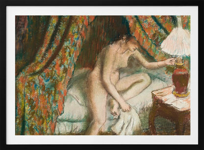 An Impressionist pastel painting of a nude woman sitting on the edge of a bed. She is reaching to turn on a bedside lamp. The background features a heavily patterned, colorful curtain, and the entire scene is rendered with soft, textured strokes and framed in silver. Poster