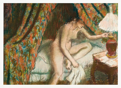 An Impressionist pastel painting of a nude woman sitting on the edge of a bed. She is reaching to turn on a bedside lamp. The background features a heavily patterned, colorful curtain, and the entire scene is rendered with soft, textured strokes and framed in silver. Poster