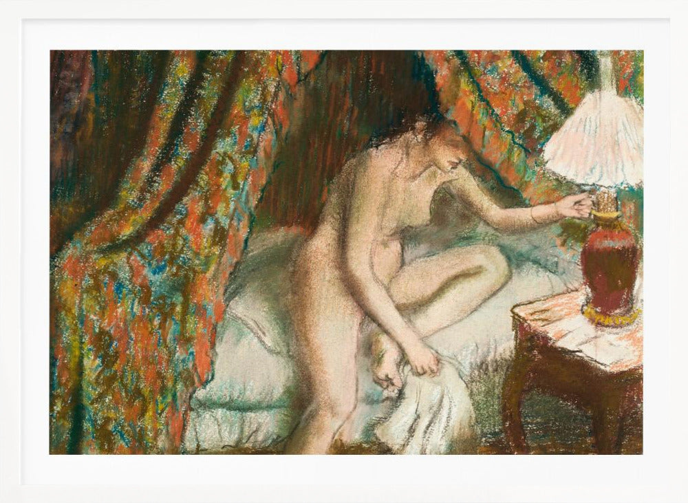 An Impressionist pastel painting of a nude woman sitting on the edge of a bed. She is reaching to turn on a bedside lamp. The background features a heavily patterned, colorful curtain, and the entire scene is rendered with soft, textured strokes and framed in silver. Poster