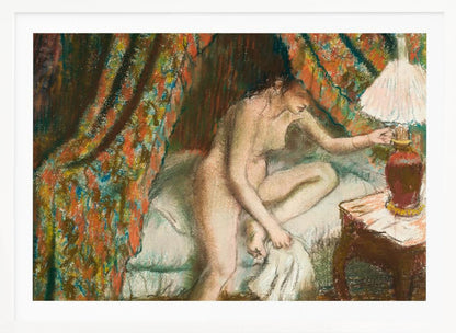 An Impressionist pastel painting of a nude woman sitting on the edge of a bed. She is reaching to turn on a bedside lamp. The background features a heavily patterned, colorful curtain, and the entire scene is rendered with soft, textured strokes and framed in silver. Poster