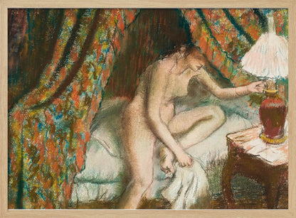 An Impressionist pastel painting of a nude woman sitting on the edge of a bed. She is reaching to turn on a bedside lamp. The background features a heavily patterned, colorful curtain, and the entire scene is rendered with soft, textured strokes and framed in silver. Poster