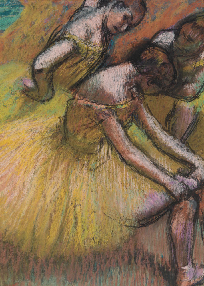 An impressionist pastel drawing of three ballet dancers in yellow tutus. One dancer is in the foreground, bent over to adjust her shoe, while two others are in the background. The artwork features a warm color palette with energetic, visible strokes. Decor