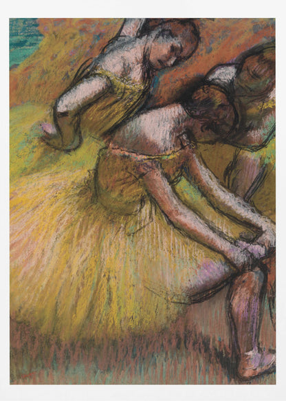 An impressionist pastel drawing of three ballet dancers in yellow tutus. One dancer is in the foreground, bent over to adjust her shoe, while two others are in the background. The artwork features a warm color palette with energetic, visible strokes. Decor