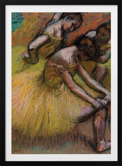 An impressionist pastel drawing of three ballet dancers in yellow tutus. One dancer is in the foreground, bent over to adjust her shoe, while two others are in the background. The artwork features a warm color palette with energetic, visible strokes. Decor