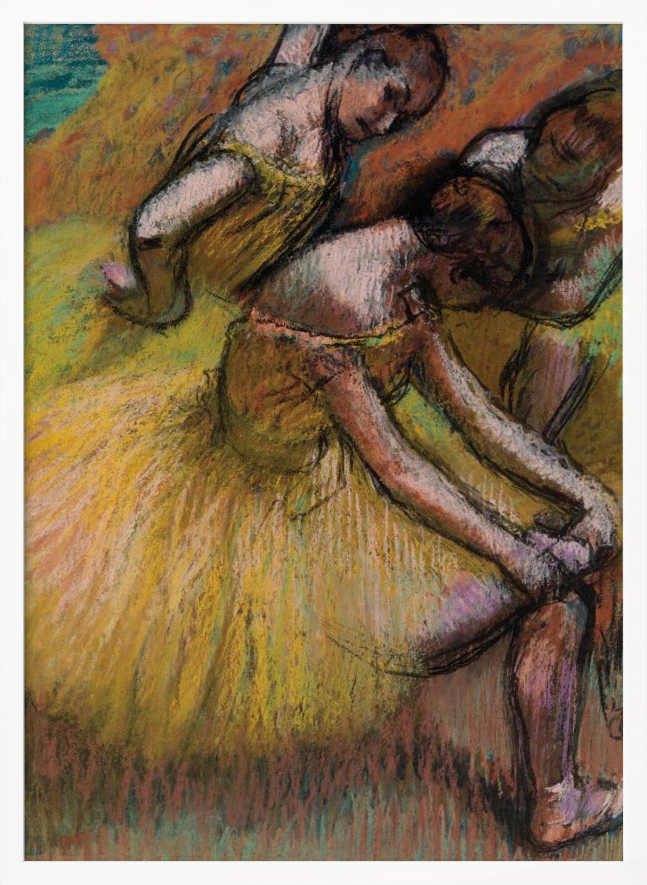 An impressionist pastel drawing of three ballet dancers in yellow tutus. One dancer is in the foreground, bent over to adjust her shoe, while two others are in the background. The artwork features a warm color palette with energetic, visible strokes. Decor