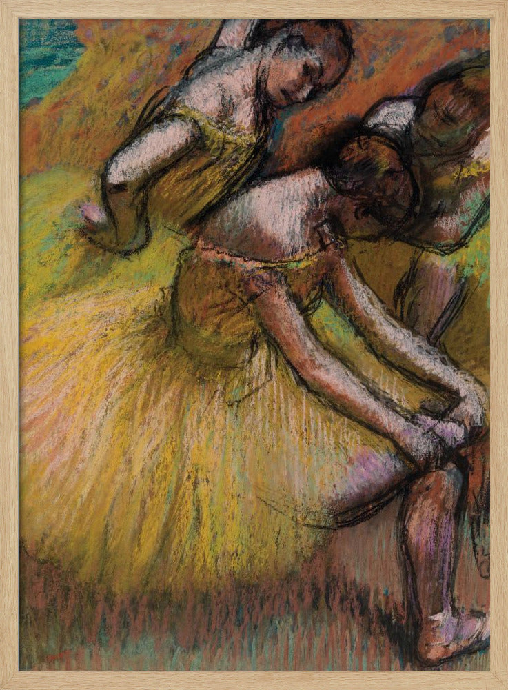 An impressionist pastel drawing of three ballet dancers in yellow tutus. One dancer is in the foreground, bent over to adjust her shoe, while two others are in the background. The artwork features a warm color palette with energetic, visible strokes. Decor