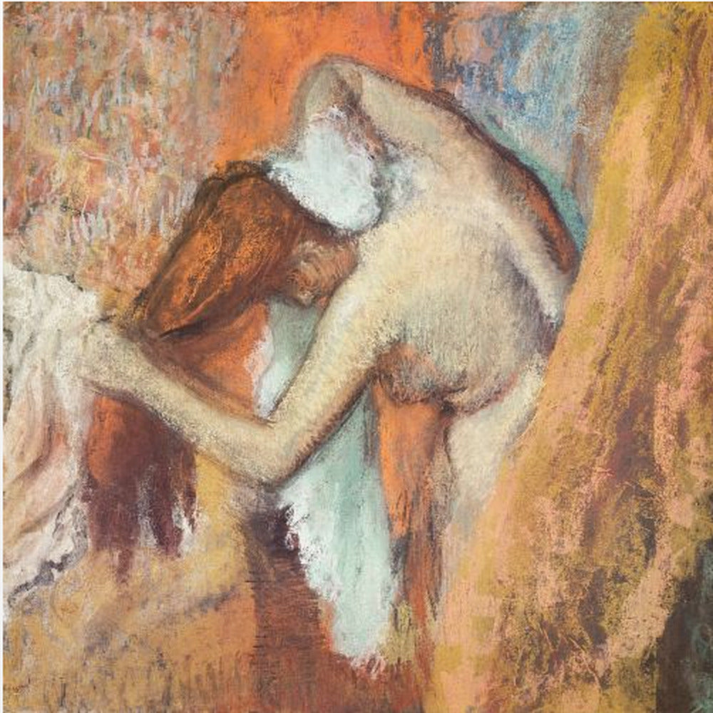 A framed impressionist pastel drawing by Edgar Degas showing a nude woman from the back, bending over to dry her neck with a towel. The artwork is characterized by its warm color palette of oranges, browns, and yellows, with textured, visible strokes. Decor
