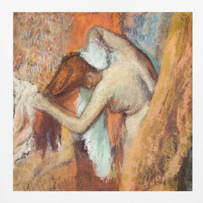 A framed impressionist pastel drawing by Edgar Degas showing a nude woman from the back, bending over to dry her neck with a towel. The artwork is characterized by its warm color palette of oranges, browns, and yellows, with textured, visible strokes. Decor