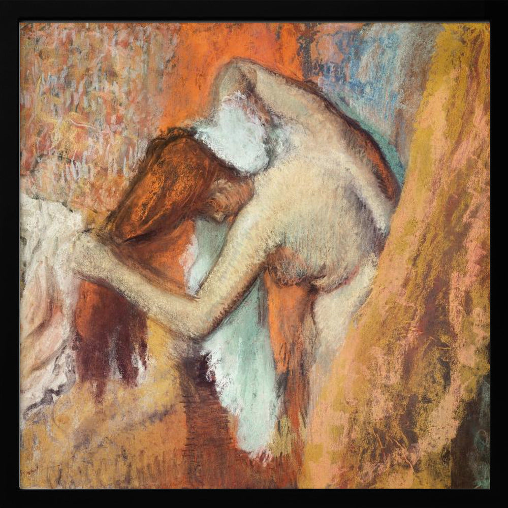 A framed impressionist pastel drawing by Edgar Degas showing a nude woman from the back, bending over to dry her neck with a towel. The artwork is characterized by its warm color palette of oranges, browns, and yellows, with textured, visible strokes. Decor