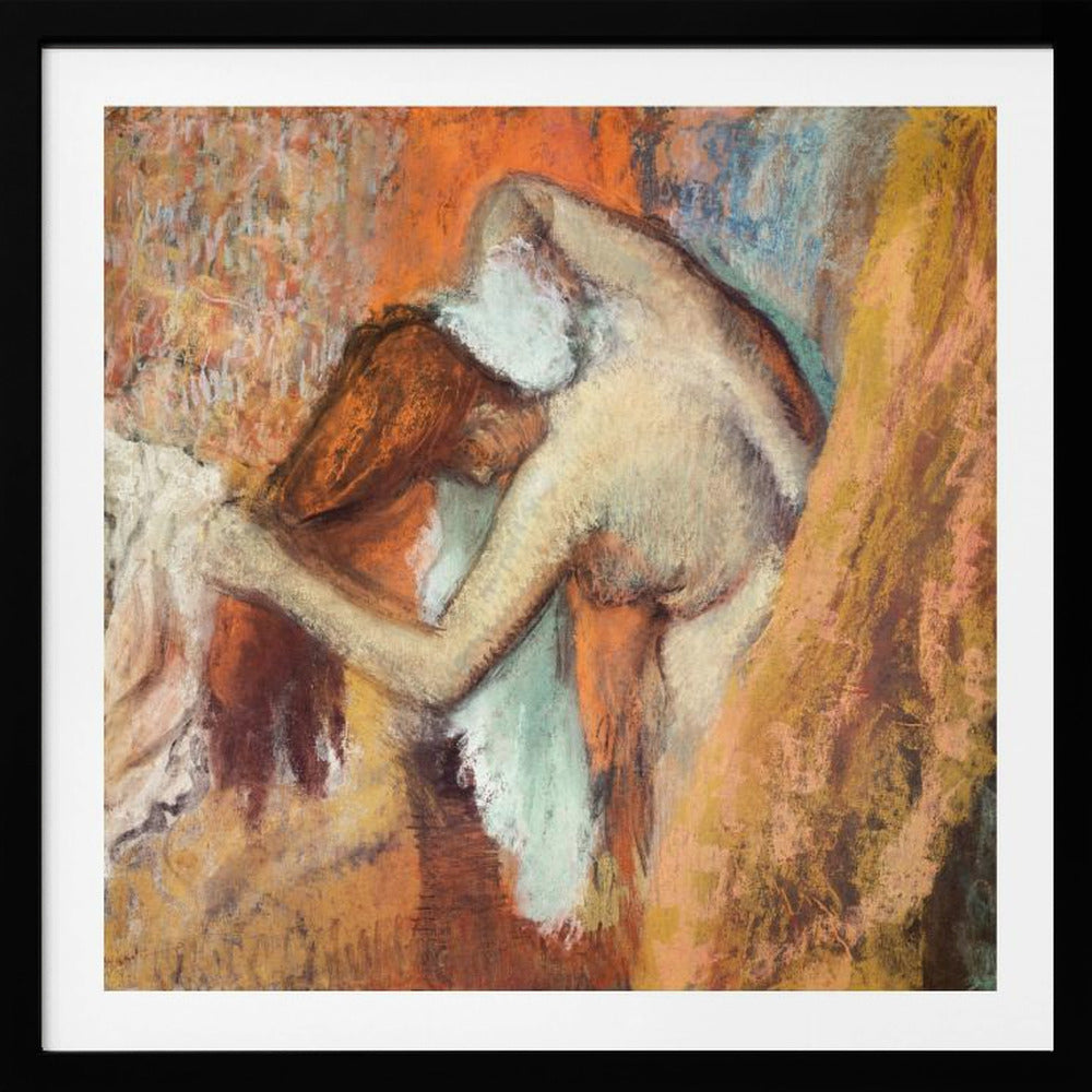 A framed impressionist pastel drawing by Edgar Degas showing a nude woman from the back, bending over to dry her neck with a towel. The artwork is characterized by its warm color palette of oranges, browns, and yellows, with textured, visible strokes. Decor