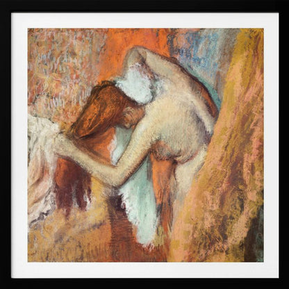 A framed impressionist pastel drawing by Edgar Degas showing a nude woman from the back, bending over to dry her neck with a towel. The artwork is characterized by its warm color palette of oranges, browns, and yellows, with textured, visible strokes. Decor