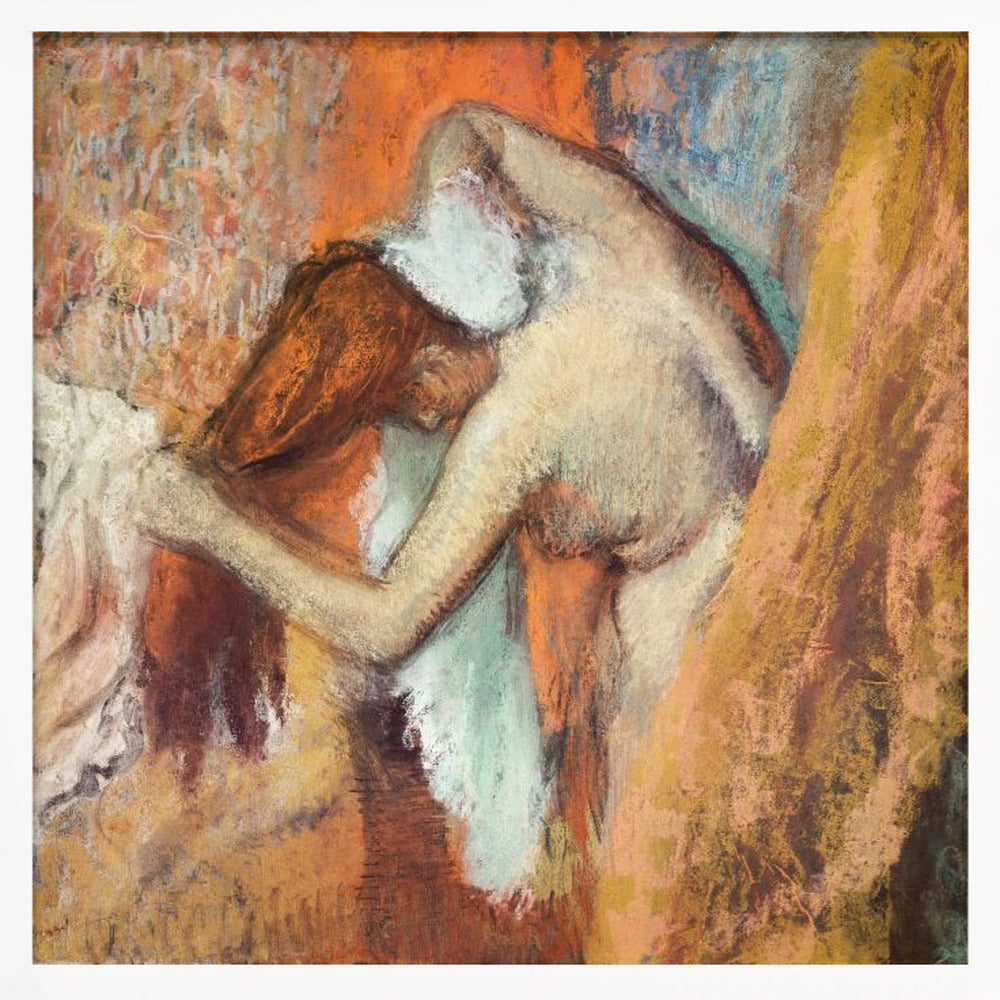 A framed impressionist pastel drawing by Edgar Degas showing a nude woman from the back, bending over to dry her neck with a towel. The artwork is characterized by its warm color palette of oranges, browns, and yellows, with textured, visible strokes. Decor