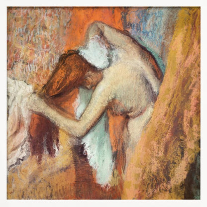 A framed impressionist pastel drawing by Edgar Degas showing a nude woman from the back, bending over to dry her neck with a towel. The artwork is characterized by its warm color palette of oranges, browns, and yellows, with textured, visible strokes. Decor