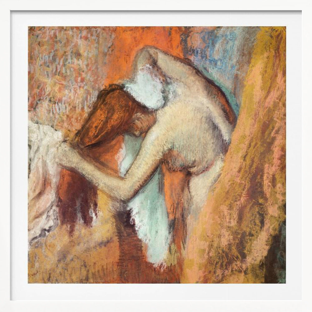 A framed impressionist pastel drawing by Edgar Degas showing a nude woman from the back, bending over to dry her neck with a towel. The artwork is characterized by its warm color palette of oranges, browns, and yellows, with textured, visible strokes. Decor