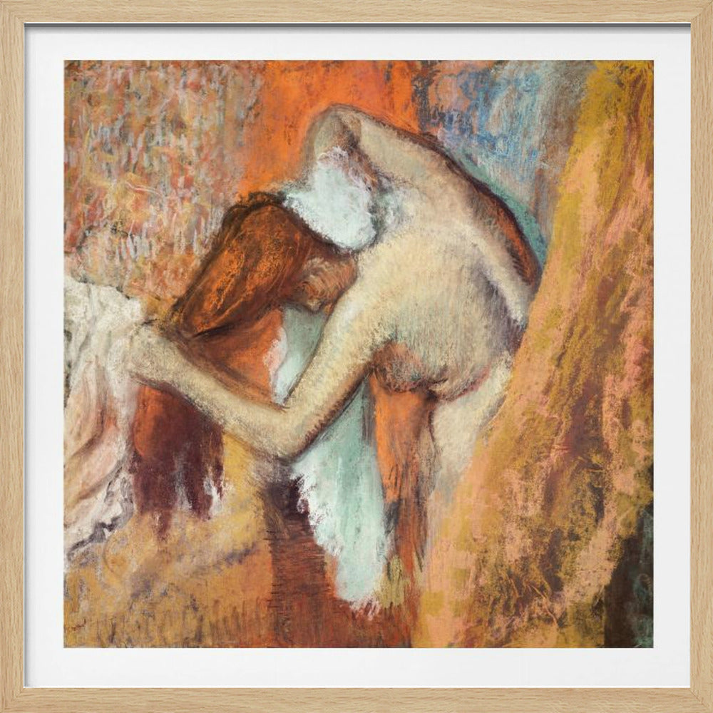 A framed impressionist pastel drawing by Edgar Degas showing a nude woman from the back, bending over to dry her neck with a towel. The artwork is characterized by its warm color palette of oranges, browns, and yellows, with textured, visible strokes. Decor