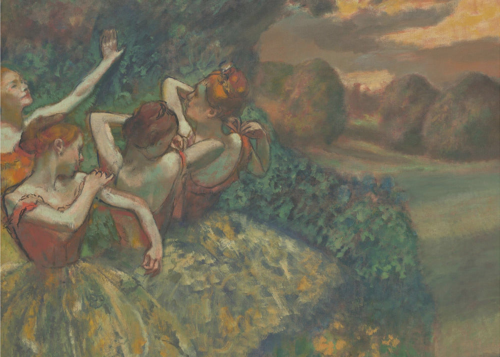 An Impressionist painting by Edgar Degas, 'The Curtain Falls', depicting four ballet dancers in red and green costumes outdoors at dusk, with a landscape of haystacks in the background, all within a silver frame. Print