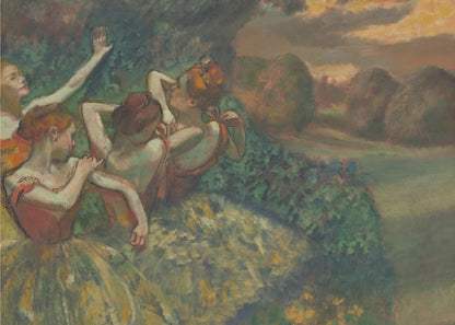 An Impressionist painting by Edgar Degas, 'The Curtain Falls', depicting four ballet dancers in red and green costumes outdoors at dusk, with a landscape of haystacks in the background, all within a silver frame. Print