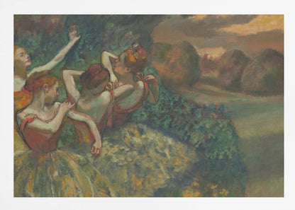 An Impressionist painting by Edgar Degas, 'The Curtain Falls', depicting four ballet dancers in red and green costumes outdoors at dusk, with a landscape of haystacks in the background, all within a silver frame. Print