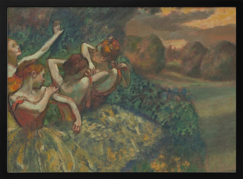 An Impressionist painting by Edgar Degas, 'The Curtain Falls', depicting four ballet dancers in red and green costumes outdoors at dusk, with a landscape of haystacks in the background, all within a silver frame. Print