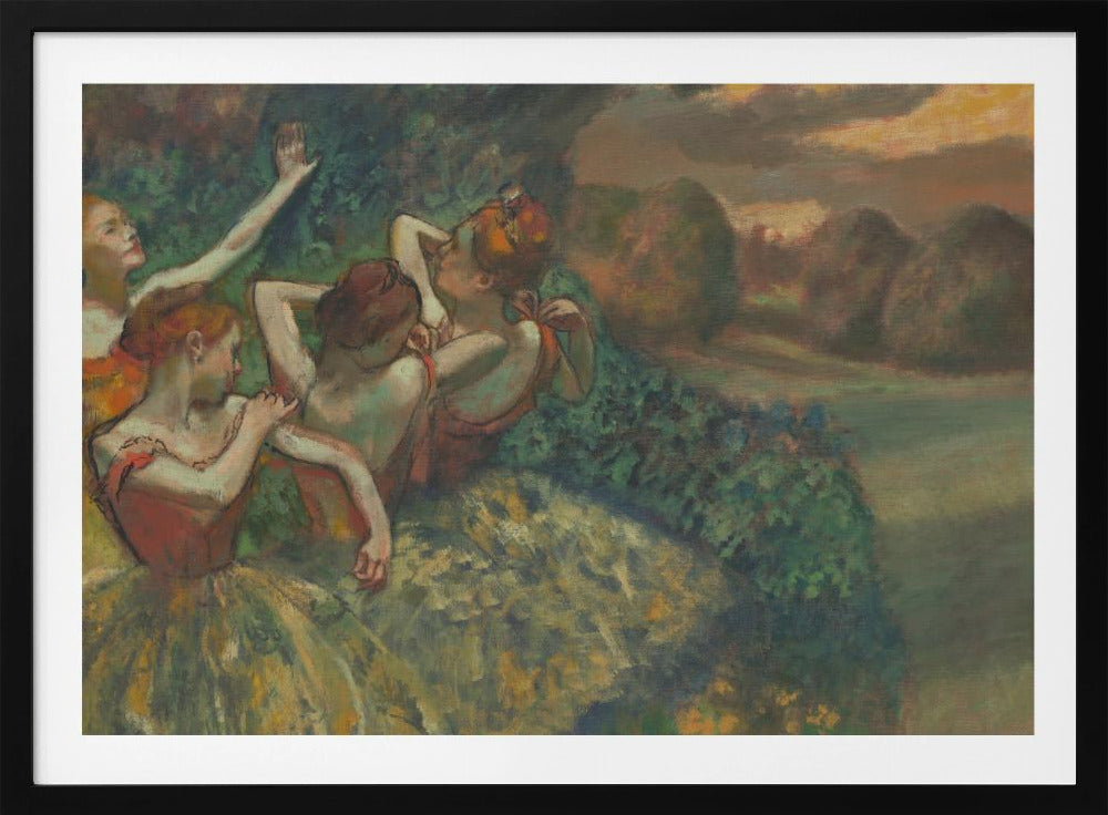 An Impressionist painting by Edgar Degas, 'The Curtain Falls', depicting four ballet dancers in red and green costumes outdoors at dusk, with a landscape of haystacks in the background, all within a silver frame. Print