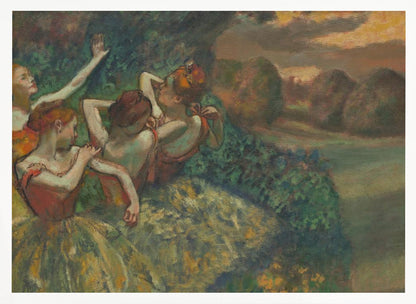 An Impressionist painting by Edgar Degas, 'The Curtain Falls', depicting four ballet dancers in red and green costumes outdoors at dusk, with a landscape of haystacks in the background, all within a silver frame. Print