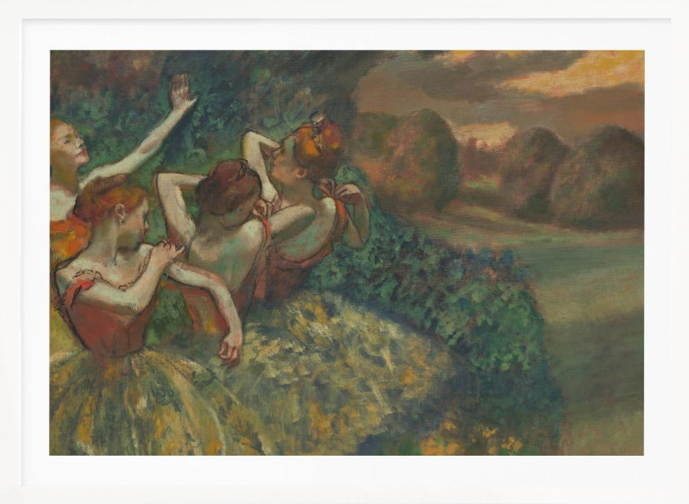 An Impressionist painting by Edgar Degas, 'The Curtain Falls', depicting four ballet dancers in red and green costumes outdoors at dusk, with a landscape of haystacks in the background, all within a silver frame. Print