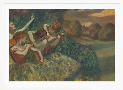 An Impressionist painting by Edgar Degas, 'The Curtain Falls', depicting four ballet dancers in red and green costumes outdoors at dusk, with a landscape of haystacks in the background, all within a silver frame. Print