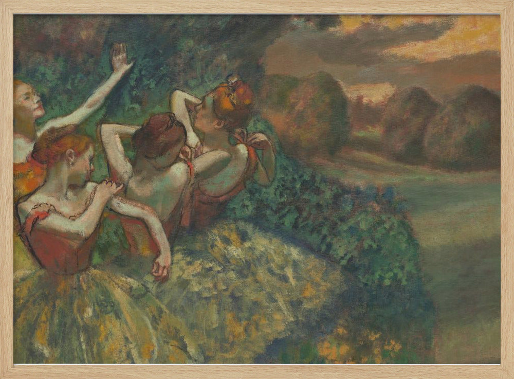 An Impressionist painting by Edgar Degas, 'The Curtain Falls', depicting four ballet dancers in red and green costumes outdoors at dusk, with a landscape of haystacks in the background, all within a silver frame. Print