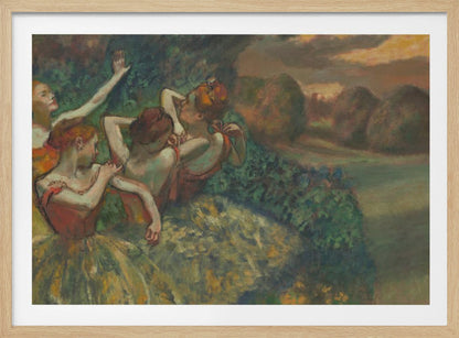 An Impressionist painting by Edgar Degas, 'The Curtain Falls', depicting four ballet dancers in red and green costumes outdoors at dusk, with a landscape of haystacks in the background, all within a silver frame. Print