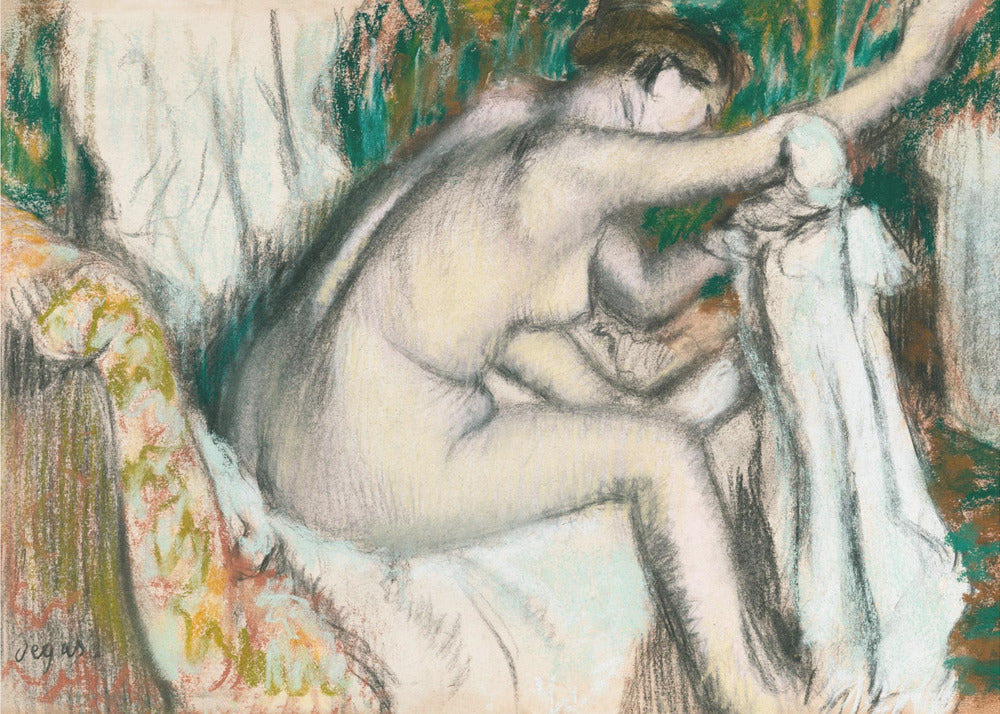 A framed pastel drawing by Edgar Degas depicting a nude woman from the back, seated on a patterned chair. Her body is rendered in soft yellow and grey tones, while she interacts with white drapery against a background of energetic green and brown strokes. Print