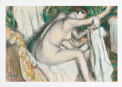 A framed pastel drawing by Edgar Degas depicting a nude woman from the back, seated on a patterned chair. Her body is rendered in soft yellow and grey tones, while she interacts with white drapery against a background of energetic green and brown strokes. Print