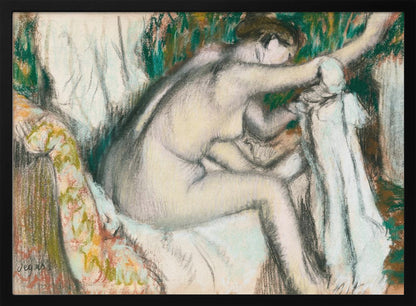 A framed pastel drawing by Edgar Degas depicting a nude woman from the back, seated on a patterned chair. Her body is rendered in soft yellow and grey tones, while she interacts with white drapery against a background of energetic green and brown strokes. Print