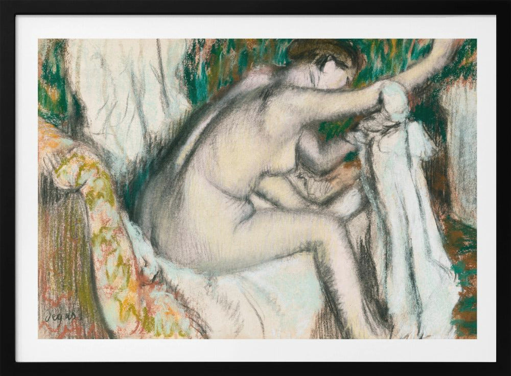 A framed pastel drawing by Edgar Degas depicting a nude woman from the back, seated on a patterned chair. Her body is rendered in soft yellow and grey tones, while she interacts with white drapery against a background of energetic green and brown strokes. Print