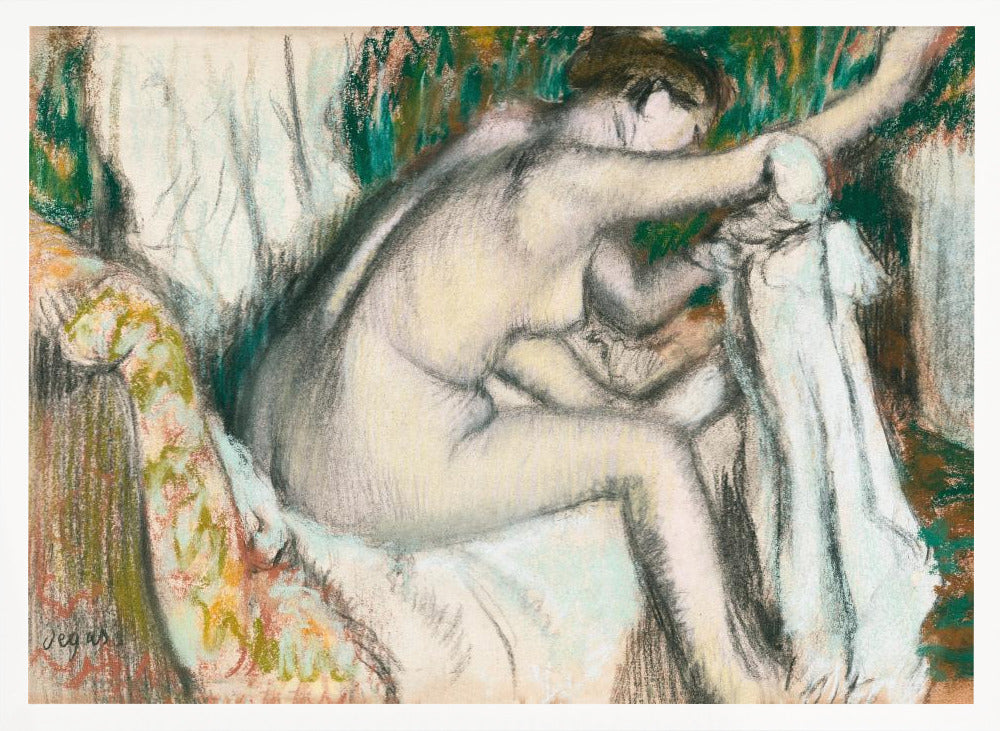 A framed pastel drawing by Edgar Degas depicting a nude woman from the back, seated on a patterned chair. Her body is rendered in soft yellow and grey tones, while she interacts with white drapery against a background of energetic green and brown strokes. Print