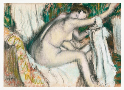 A framed pastel drawing by Edgar Degas depicting a nude woman from the back, seated on a patterned chair. Her body is rendered in soft yellow and grey tones, while she interacts with white drapery against a background of energetic green and brown strokes. Print