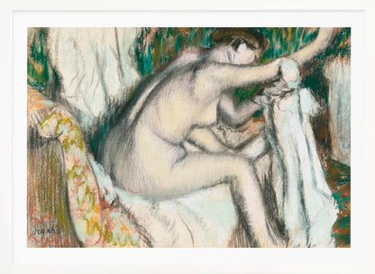 A framed pastel drawing by Edgar Degas depicting a nude woman from the back, seated on a patterned chair. Her body is rendered in soft yellow and grey tones, while she interacts with white drapery against a background of energetic green and brown strokes. Print