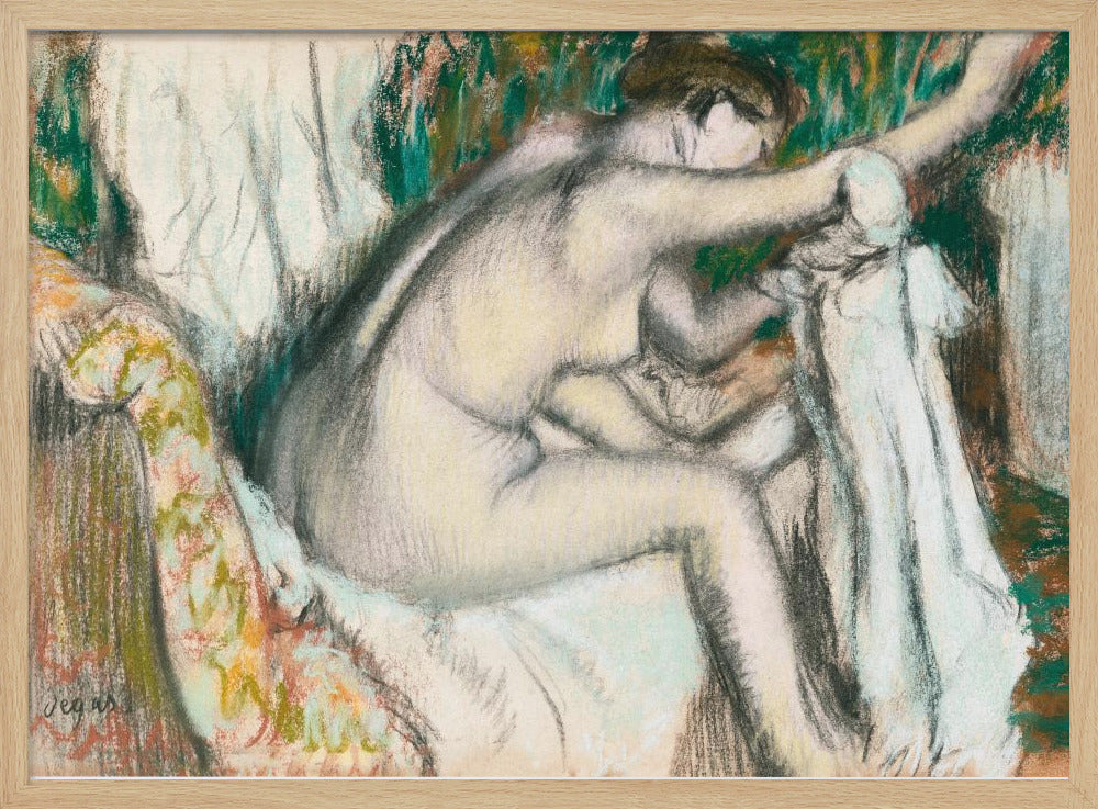A framed pastel drawing by Edgar Degas depicting a nude woman from the back, seated on a patterned chair. Her body is rendered in soft yellow and grey tones, while she interacts with white drapery against a background of energetic green and brown strokes. Print