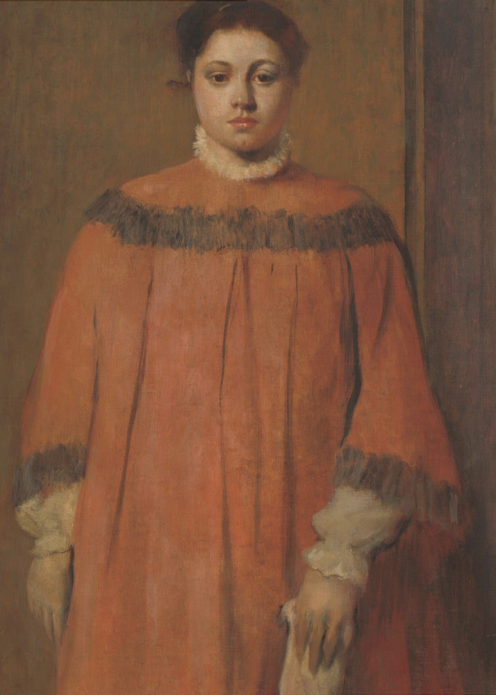 A classical oil portrait of a young woman with dark hair tied up, looking directly at the viewer. She wears a voluminous, high-collared reddish-orange dress with dark frilly trim on the shoulders and cuffs, and a white ruffled collar. The background is a simple, muted brown wall. Wall Art