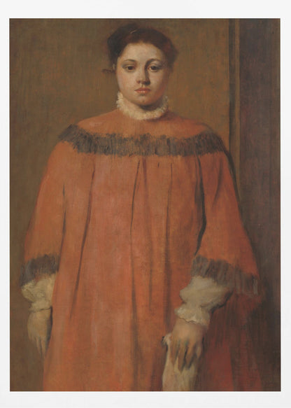 A classical oil portrait of a young woman with dark hair tied up, looking directly at the viewer. She wears a voluminous, high-collared reddish-orange dress with dark frilly trim on the shoulders and cuffs, and a white ruffled collar. The background is a simple, muted brown wall. Wall Art