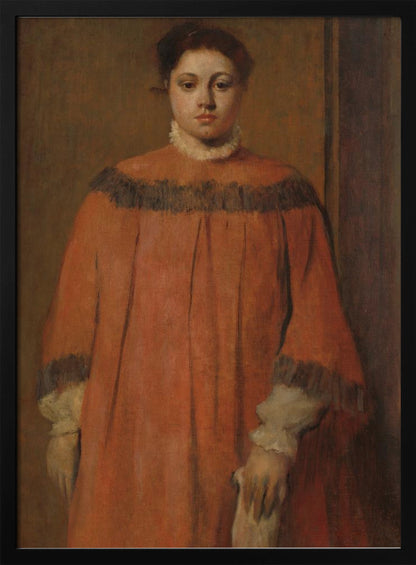 A classical oil portrait of a young woman with dark hair tied up, looking directly at the viewer. She wears a voluminous, high-collared reddish-orange dress with dark frilly trim on the shoulders and cuffs, and a white ruffled collar. The background is a simple, muted brown wall. Wall Art