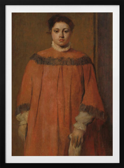 A classical oil portrait of a young woman with dark hair tied up, looking directly at the viewer. She wears a voluminous, high-collared reddish-orange dress with dark frilly trim on the shoulders and cuffs, and a white ruffled collar. The background is a simple, muted brown wall. Wall Art