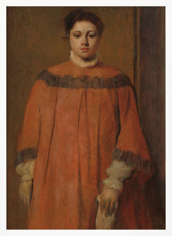 A classical oil portrait of a young woman with dark hair tied up, looking directly at the viewer. She wears a voluminous, high-collared reddish-orange dress with dark frilly trim on the shoulders and cuffs, and a white ruffled collar. The background is a simple, muted brown wall. Wall Art