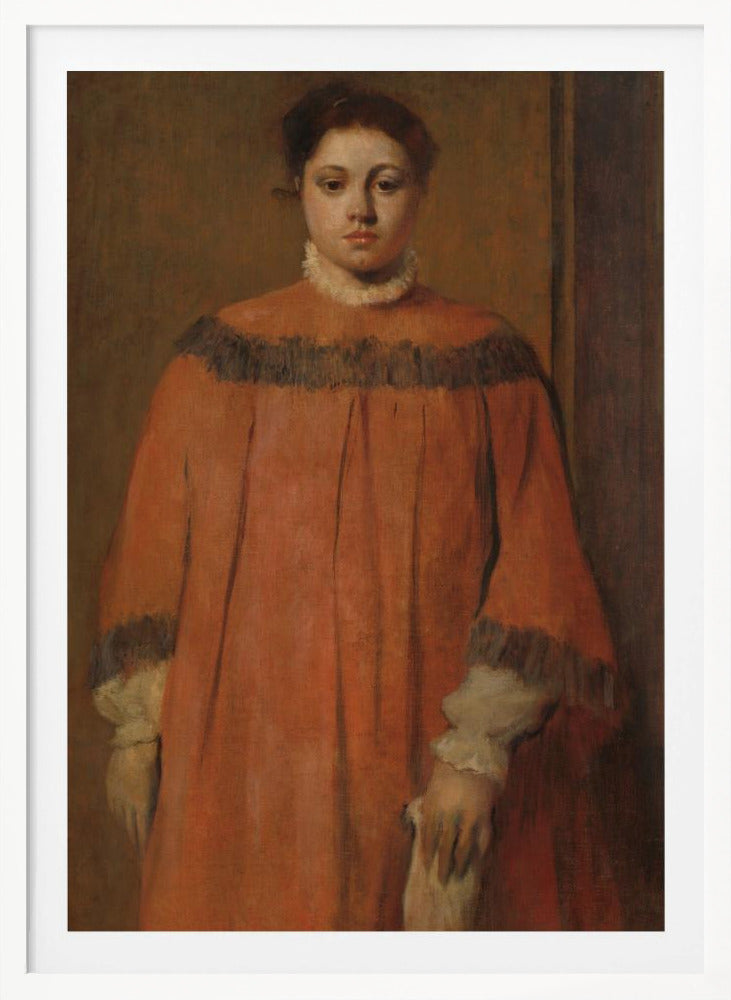 A classical oil portrait of a young woman with dark hair tied up, looking directly at the viewer. She wears a voluminous, high-collared reddish-orange dress with dark frilly trim on the shoulders and cuffs, and a white ruffled collar. The background is a simple, muted brown wall. Wall Art