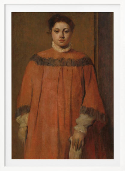 A classical oil portrait of a young woman with dark hair tied up, looking directly at the viewer. She wears a voluminous, high-collared reddish-orange dress with dark frilly trim on the shoulders and cuffs, and a white ruffled collar. The background is a simple, muted brown wall. Wall Art