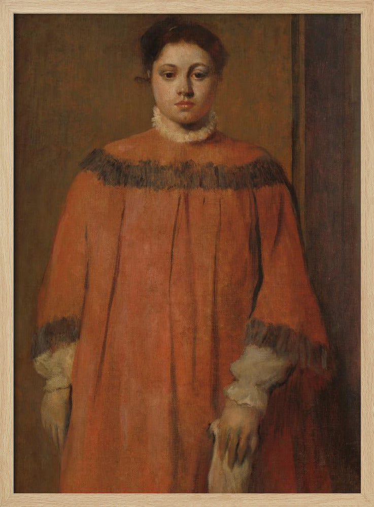 A classical oil portrait of a young woman with dark hair tied up, looking directly at the viewer. She wears a voluminous, high-collared reddish-orange dress with dark frilly trim on the shoulders and cuffs, and a white ruffled collar. The background is a simple, muted brown wall. Wall Art