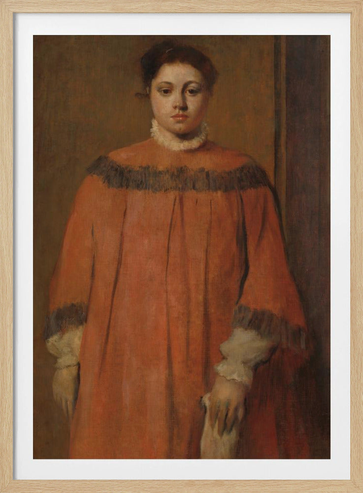 A classical oil portrait of a young woman with dark hair tied up, looking directly at the viewer. She wears a voluminous, high-collared reddish-orange dress with dark frilly trim on the shoulders and cuffs, and a white ruffled collar. The background is a simple, muted brown wall. Wall Art