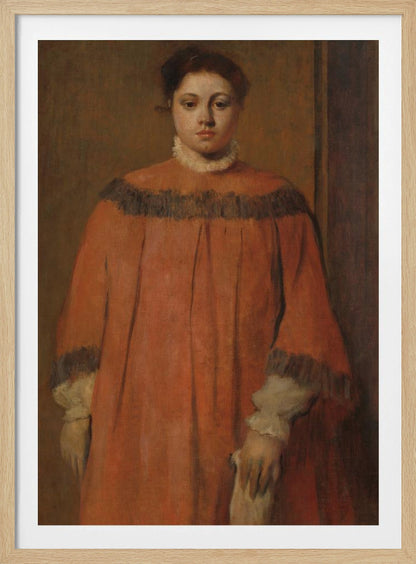 A classical oil portrait of a young woman with dark hair tied up, looking directly at the viewer. She wears a voluminous, high-collared reddish-orange dress with dark frilly trim on the shoulders and cuffs, and a white ruffled collar. The background is a simple, muted brown wall. Wall Art