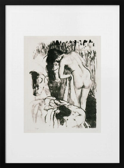 A framed black and white lithograph by Edgar Degas of a nude woman with long dark hair, viewed from the back as she leans over. The artwork has a sketchy, impressionistic style, capturing an intimate moment. Wall Art